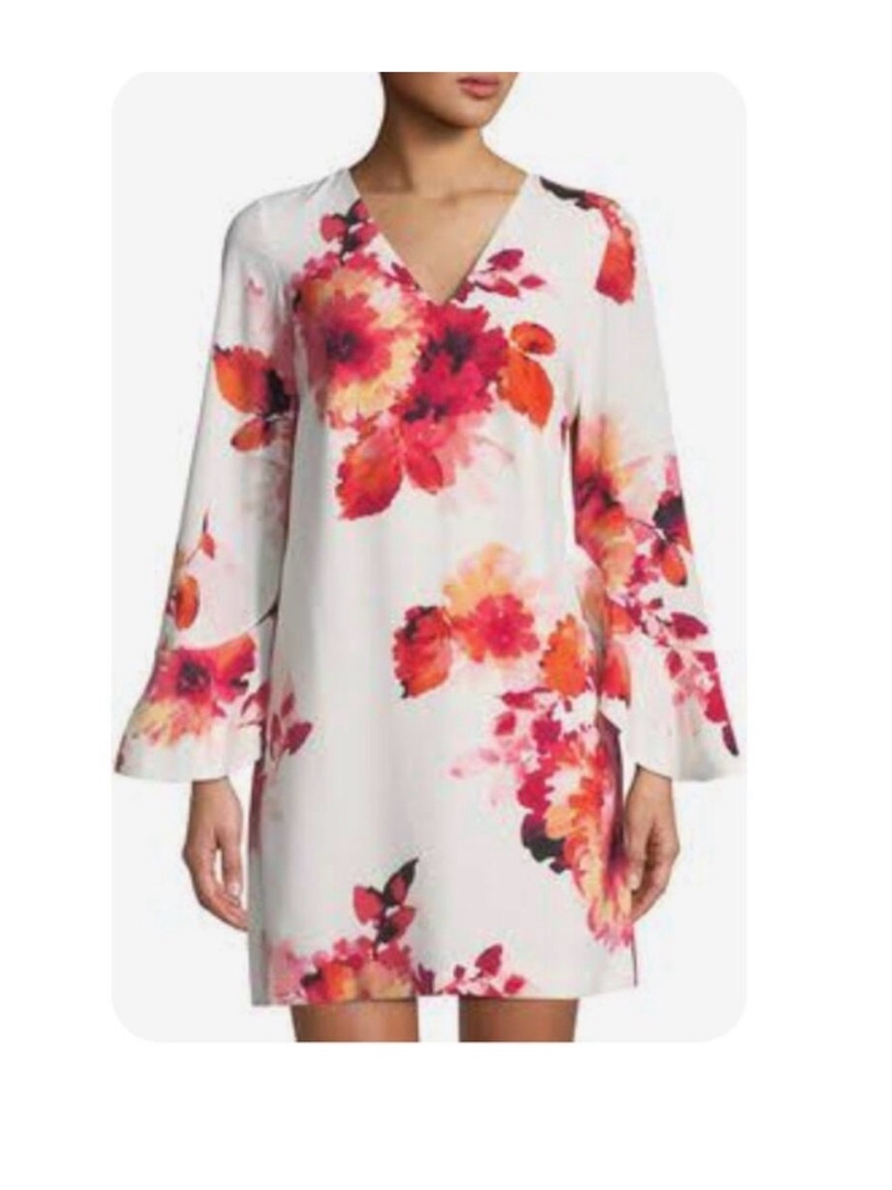 Calvin Klein Floral V-Neck Shift Dress - White with Pink & Orange Blooms